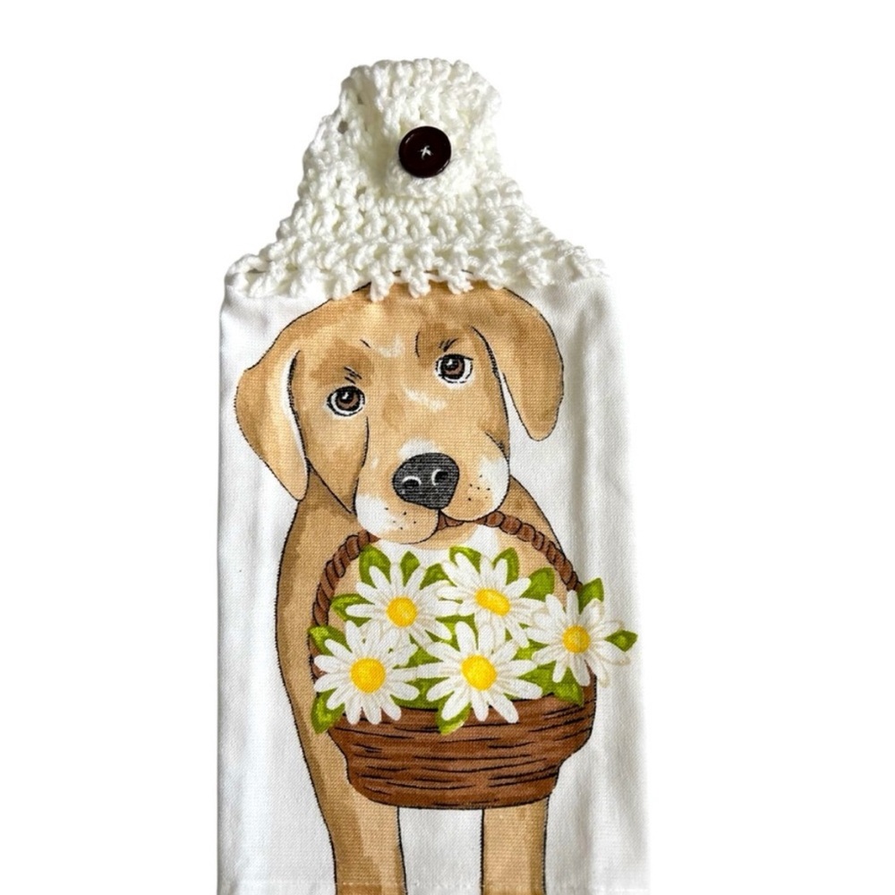 Hand Crafted Hanging Kitchen Hand Towel Dog and Flowers Colorful Crochet Top - Picture 3 of 7